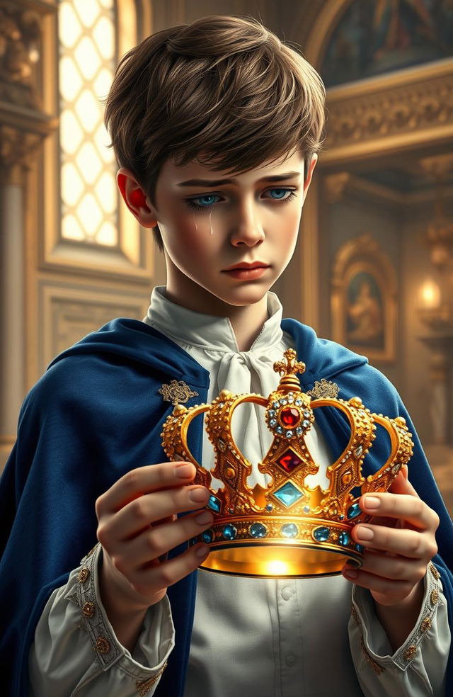 A sorrowful young prince with tears streaming down his face, holding a beautiful, ornate queen's crown in his hands