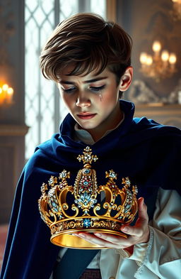 A sorrowful young prince with tears streaming down his face, holding a beautiful, ornate queen's crown in his hands