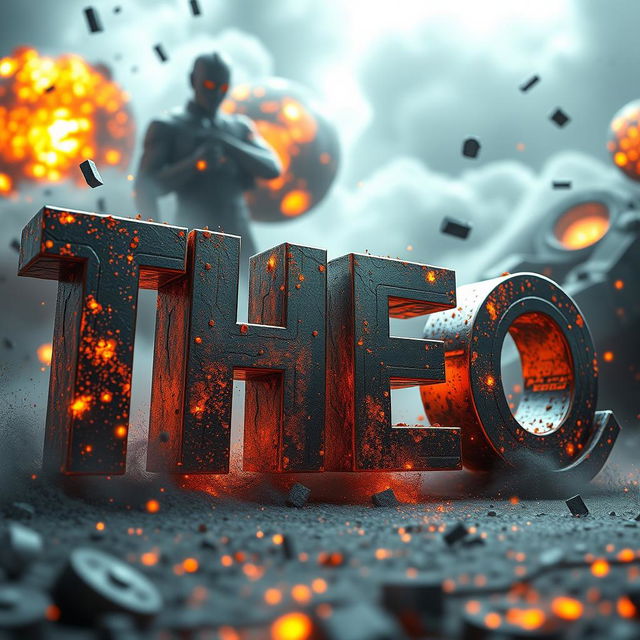 A visually striking 3D representation of the word 'THEO', crafted to resemble something from an action film