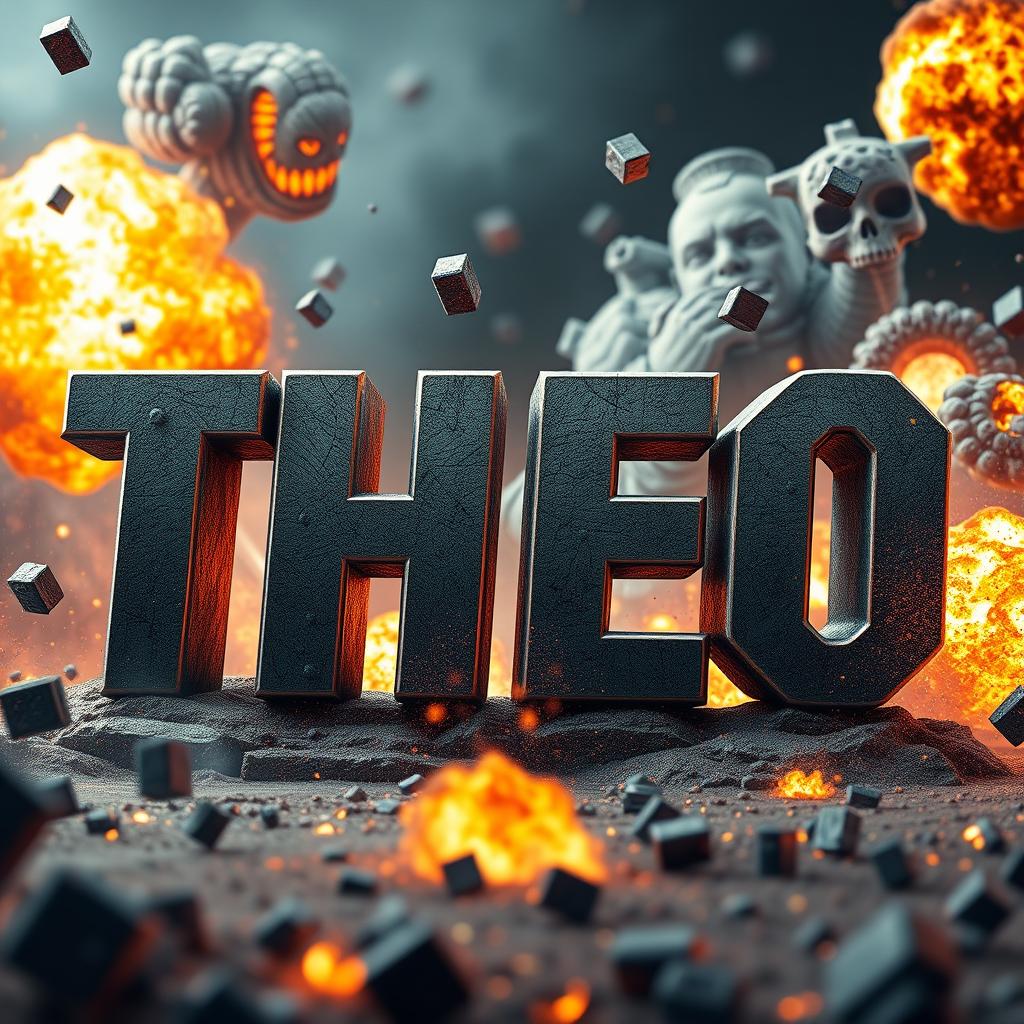 A visually striking 3D representation of the word 'THEO', crafted to resemble something from an action film