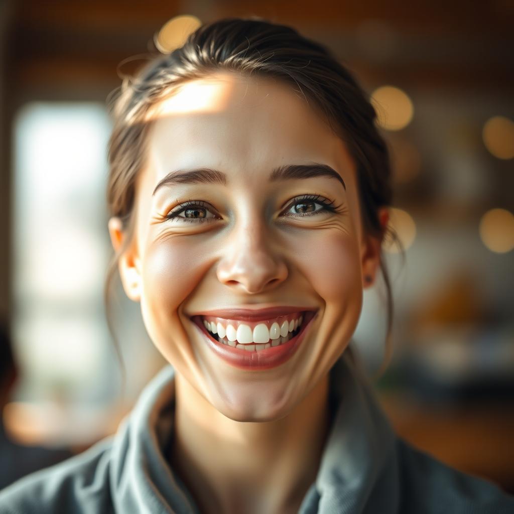 A digital portrait of a person with a warm, inviting smile, showcasing joyful expression