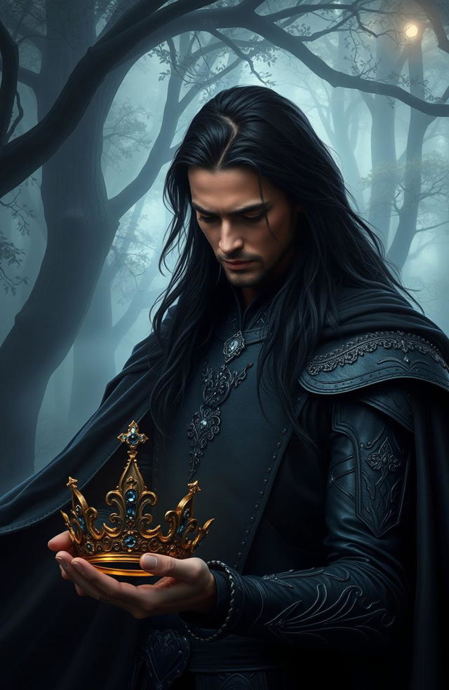 A handsome dark fantasy prince, with long flowing dark hair and deep, expressive eyes, is crying softly as he gazes down at a delicate princess crown held in his hand