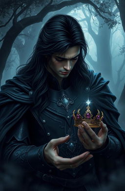 A handsome dark fantasy prince, with long flowing dark hair and deep, expressive eyes, is crying softly as he gazes down at a delicate princess crown held in his hand