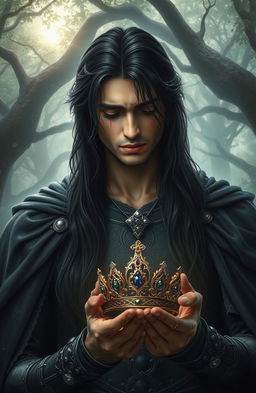 A handsome dark fantasy prince, with long flowing dark hair and deep, expressive eyes, is crying softly as he gazes down at a delicate princess crown held in his hand