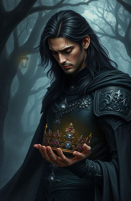 A handsome dark fantasy prince, with long flowing dark hair and deep, expressive eyes, is crying softly as he gazes down at a delicate princess crown held in his hand