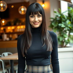 A stylish and attractive Russian woman aged 35 to 45, featuring a fashionable hairstyle with bangs and long, sleek black hair that frames her face beautifully