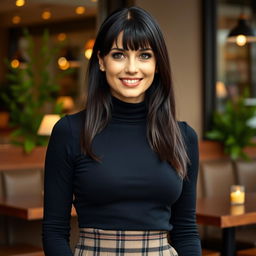 A stylish and attractive Russian woman aged 35 to 45, featuring a fashionable hairstyle with bangs and long, sleek black hair that frames her face beautifully