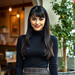 A stylish and attractive Russian woman aged 35 to 45, featuring a fashionable hairstyle with bangs and long, sleek black hair that frames her face beautifully