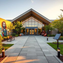 A modern community hub building featuring a stunning exterior entry approach