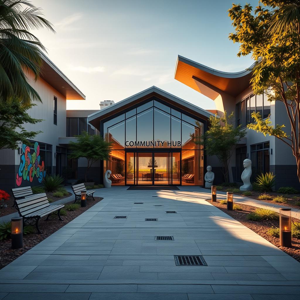 A modern community hub building featuring a stunning exterior entry approach