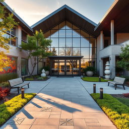 A modern community hub building featuring a stunning exterior entry approach