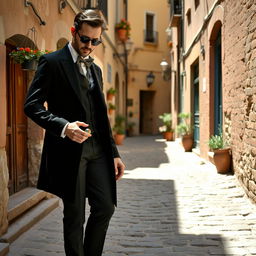 A stylish man dressed in elegant clothes, playing marbles in a charming narrow alleyway