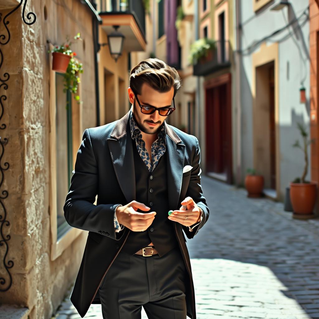 A stylish man dressed in elegant clothes, playing marbles in a charming narrow alleyway