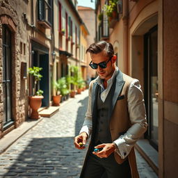A stylish man dressed in elegant clothes, playing marbles in a charming narrow alleyway