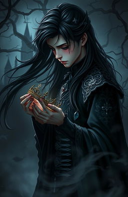 A dark fantasy scene featuring a handsome young prince with long, flowing dark hair, his face adorned with tears, emitting a deep sense of melancholy