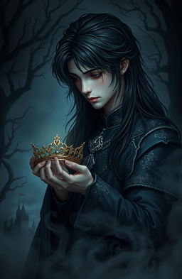 A dark fantasy scene featuring a handsome young prince with long, flowing dark hair, his face adorned with tears, emitting a deep sense of melancholy