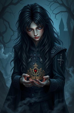 A dark fantasy scene featuring a handsome young prince with long, flowing dark hair, his face adorned with tears, emitting a deep sense of melancholy
