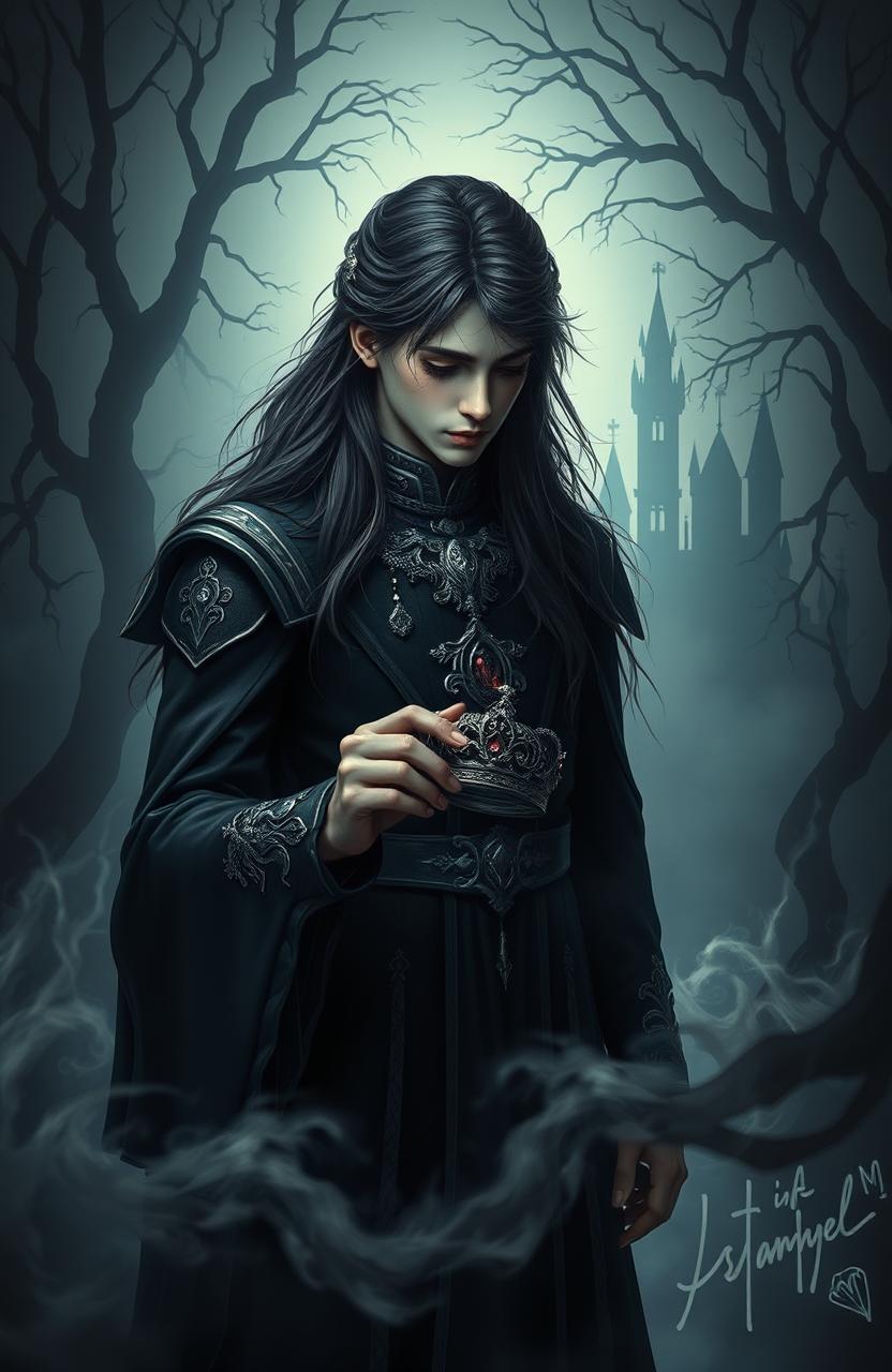 A dark fantasy scene featuring a handsome young prince with long, flowing dark hair, his face adorned with tears, emitting a deep sense of melancholy