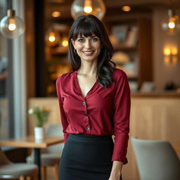 A fashionable and attractive Russian woman aged 35 to 45, showcasing a stylish hairstyle with bangs and shiny black hair