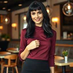A fashionable and attractive Russian woman aged 35 to 45, showcasing a stylish hairstyle with bangs and shiny black hair