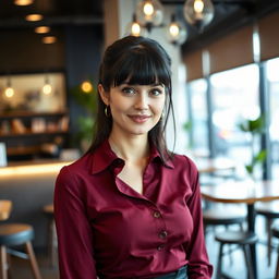 A fashionable and attractive Russian woman aged 35 to 45, showcasing a stylish hairstyle with bangs and shiny black hair