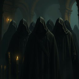 A mysterious group of clerics standing closely together in a shadowy setting, their faces hidden beneath dark, flowing cloaks