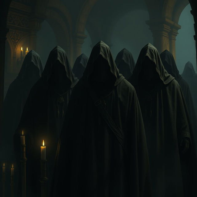 A mysterious group of clerics standing closely together in a shadowy setting, their faces hidden beneath dark, flowing cloaks