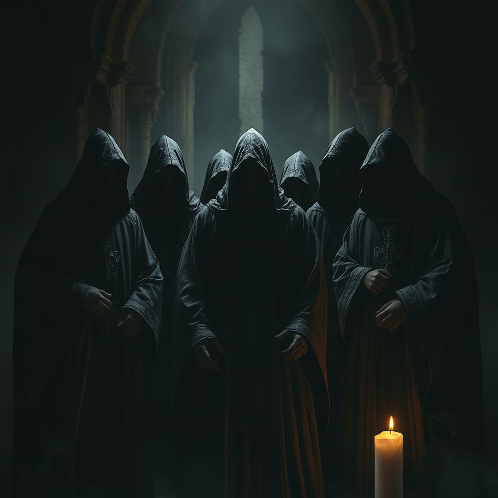 A mysterious group of clerics standing closely together in a shadowy setting, their faces hidden beneath dark, flowing cloaks