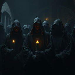 A mysterious group of clerics standing closely together in a shadowy setting, their faces hidden beneath dark, flowing cloaks