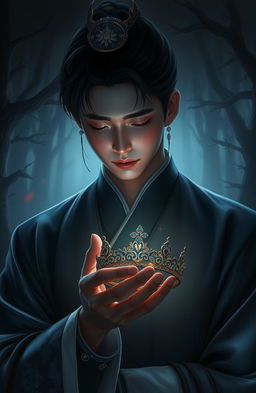 A handsome Korean prince depicted in a dark fantasy setting, tears streaming down his face as he gazes sorrowfully at a delicate princess crown held in his hand