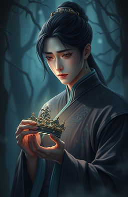 A handsome Korean prince depicted in a dark fantasy setting, tears streaming down his face as he gazes sorrowfully at a delicate princess crown held in his hand