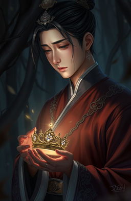 A handsome Korean prince depicted in a dark fantasy setting, tears streaming down his face as he gazes sorrowfully at a delicate princess crown held in his hand