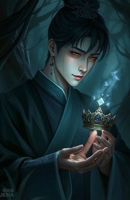 A handsome Korean prince depicted in a dark fantasy setting, tears streaming down his face as he gazes sorrowfully at a delicate princess crown held in his hand