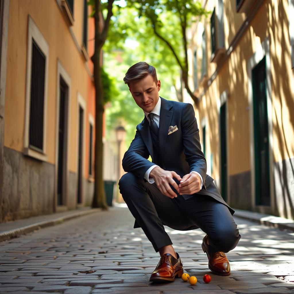 A stylishly dressed man playing marbles in a picturesque alley