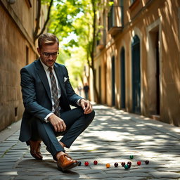 A stylishly dressed man playing marbles in a picturesque alley