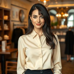 A chic and attractive Russian woman aged 35 to 45, featuring a trendy hairstyle with bangs and glossy black hair that enhances her elegant appearance