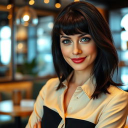 A chic and attractive Russian woman aged 35 to 45, featuring a trendy hairstyle with bangs and glossy black hair that enhances her elegant appearance