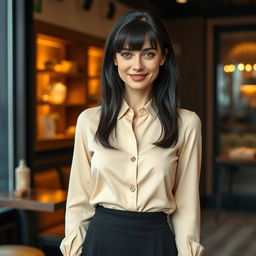 A chic and attractive Russian woman aged 35 to 45, featuring a trendy hairstyle with bangs and glossy black hair that enhances her elegant appearance