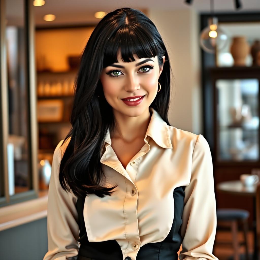 A chic and attractive Russian woman aged 35 to 45, featuring a trendy hairstyle with bangs and glossy black hair that enhances her elegant appearance
