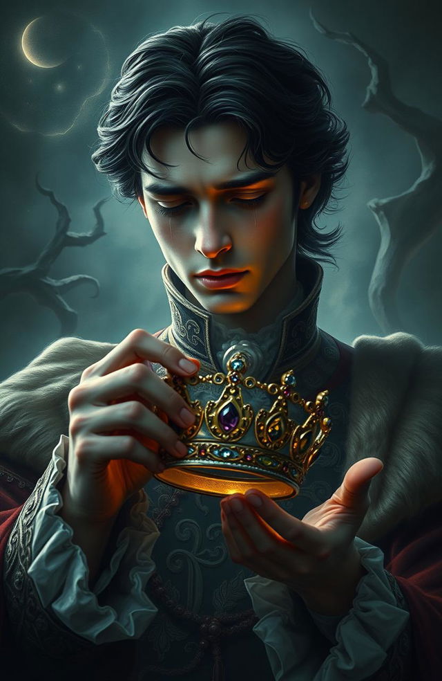 A dark fantasy scene in the style of a handsome French painting, featuring a sorrowful prince with exquisite features, tears glistening in his eyes