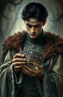 A dark fantasy scene in the style of a handsome French painting, featuring a sorrowful prince with exquisite features, tears glistening in his eyes