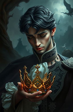 A dark fantasy scene in the style of a handsome French painting, featuring a sorrowful prince with exquisite features, tears glistening in his eyes
