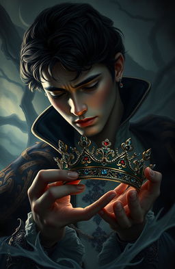 A dark fantasy scene in the style of a handsome French painting, featuring a sorrowful prince with exquisite features, tears glistening in his eyes