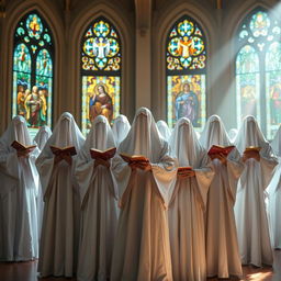 A group of clerics standing closely together in a holy setting, their faces obscured by flowing white cloaks