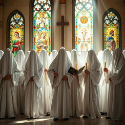 A group of clerics standing closely together in a holy setting, their faces obscured by flowing white cloaks