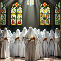 A group of clerics standing closely together in a holy setting, their faces obscured by flowing white cloaks