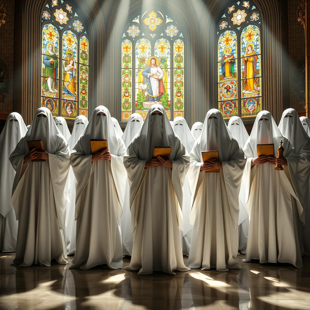 A group of clerics standing closely together in a holy setting, their faces obscured by flowing white cloaks