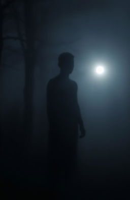 A mysterious and ethereal faded shadow figure standing in a misty environment, half obscured by fog, creating an intriguing and eerie atmosphere