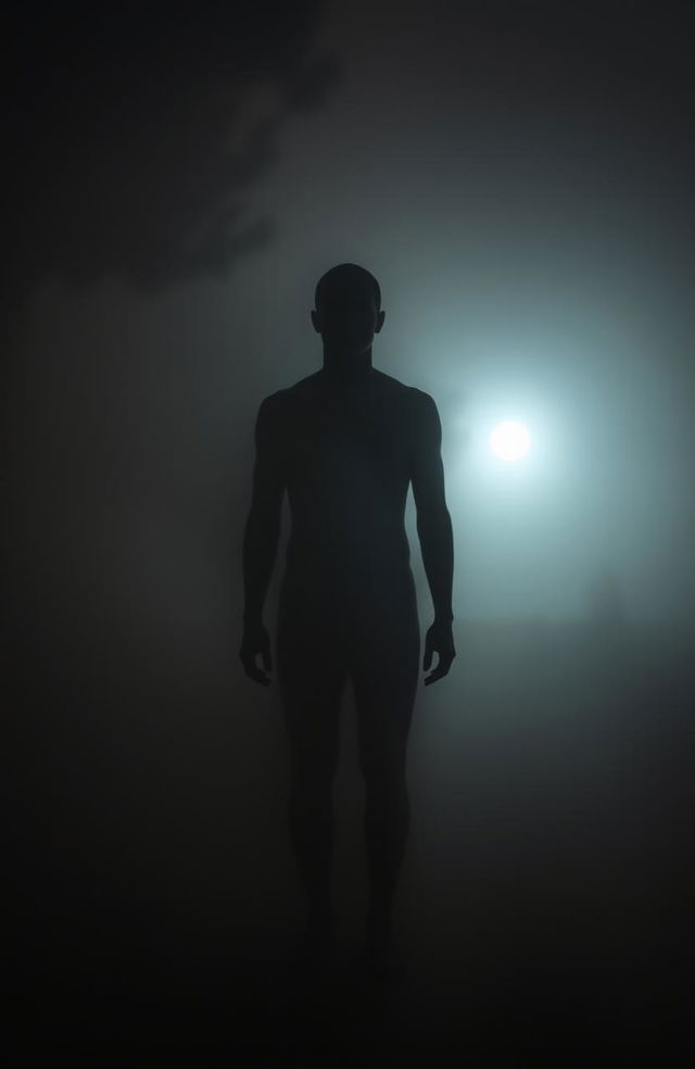 A mysterious and ethereal faded shadow figure standing in a misty environment, half obscured by fog, creating an intriguing and eerie atmosphere