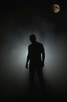 A mysterious and ethereal faded shadow figure standing in a misty environment, half obscured by fog, creating an intriguing and eerie atmosphere